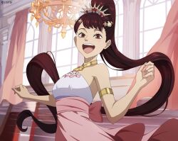 Rule 34 | 1girl, armlet, armpits, bare shoulders, black clover, black clover m: rise of the wizard king, blush, brown eyes, brown hair, chandelier, gold armlet, high ponytail, indoors, kahono, long hair, looking at viewer, official alternate costume, official art, open mouth, pink curtains, pink skirt, ponytail, shell hair ornament, shirt, skirt, sleeveless, sleeveless shirt, solo, teeth, upper teeth only, very long hair, white shirt, window