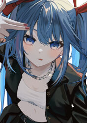 Rule 34 | 1girl, :p, absurdres, aqua eyes, aqua hair, belt, blush, bow, breasts, chain, chain necklace, finger gun, finger gun to head, gakuran, hair bow, hatsune miku, highres, jacket, jewelry, light blush, long sleeves, looking at viewer, medium hair, navel, necklace, open clothes, open jacket, red bow, red nails, sakuma kou, school uniform, small breasts, solo, sports bra, stomach, tongue, tongue out, twintails, vocaloid