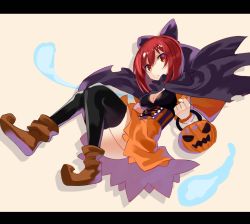 Rule 34 | 1girl, :o, adapted costume, basket, black legwear, boots, bow, breasts, brown footwear, cape, cleavage, corset, dress, expressionless, falken (yutozin), grabbing, hair bow, highres, jack-o&#039;-lantern, letterboxed, looking at viewer, looking to the side, orange dress, red eyes, red hair, sekibanki, short hair, simple background, skirt, striped, touhou
