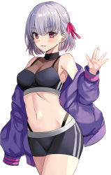 Rule 34 | 1girl, black shorts, black sports bra, blush, breasts, contemporary, fate/grand order, fate (series), hair ribbon, harimoji, jacket, kama (fate), long sleeves, looking at viewer, medium breasts, navel, off shoulder, open clothes, open jacket, open mouth, pink ribbon, purple jacket, red eyes, ribbon, short hair, shorts, silver hair, simple background, smile, solo, sports bra, thighs