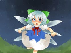Rule 34 | 1girl, bad id, bad pixiv id, cirno, hammer (sunset beach), running, sky, solo, star (sky), starry sky, tears, touhou, wings