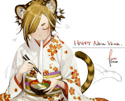Rule 34 | 1girl, 2022, absurdres, afterimage, animal ear fluff, animal ears, bowl, brown hair, chinese zodiac, chopsticks, eating, eyelashes, closed eyes, fingernails, floral print, food, food request, happy new year, hatching (texture), heart, highres, holding, holding bowl, holding chopsticks, japanese clothes, kimono, kyo (kuroichigo), long fingernails, long sleeves, mochi, mouth hold, multicolored hair, nail polish, new year, orange hair, original, short hair, signature, simple background, solo, spring onion, streaked hair, tail, tail wagging, tiger ears, tiger girl, tiger tail, white background, white hair, white kimono, wide sleeves, year of the tiger