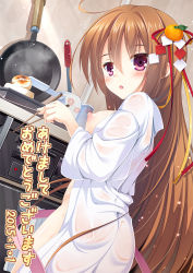 Rule 34 | 10s, 1girl, 2015, blush, breasts, brown hair, cooking, japanese clothes, kimono, kitchen, long hair, looking at viewer, nipples, original, purple eyes, sekine irie, solo