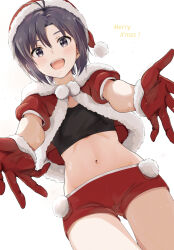 Rule 34 | 1girl, antenna hair, black eyes, black hair, black shirt, commentary request, crop top, dutch angle, fur-trimmed gloves, fur-trimmed jacket, fur-trimmed sleeves, fur trim, gloves, hat, idolmaster, idolmaster (classic), jacket, kikuchi makoto, light blush, looking at viewer, merry christmas, midriff, mogskg, navel, open mouth, pom pom (clothes), puffy short sleeves, puffy sleeves, red gloves, red hat, red jacket, red shorts, santa costume, santa hat, shirt, short hair, short shorts, short sleeves, shorts, sidelocks, smile, solo, teeth, thighs, upper teeth only, white background