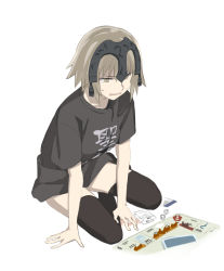 Rule 34 | 1girl, black thighhighs, blonde hair, board game, fate/grand order, fate (series), headwear request, jeanne d&#039;arc (fate), jeanne d&#039;arc alter (avenger) (fate), jeanne d&#039;arc alter (fate), monopoly, ningen (ningen96), ruler (fate/grand order), shirt, short hair, sitting, solo, t-shirt, tears, thighhighs, yellow eyes, zettai ryouiki