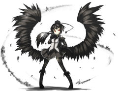 Rule 34 | 1girl, arm warmers, bad id, bad pixiv id, black hair, black theme, boots, female focus, ganesagi, hat, looking at viewer, low wings, red eyes, shameimaru aya, solo, thighhighs, touhou, wings, winter clothes