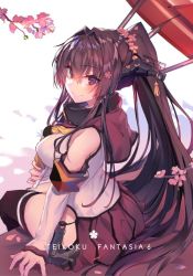 Rule 34 | 10s, 1girl, anchor, asymmetrical legwear, bare shoulders, blush, breasts, brown eyes, brown hair, cherry blossoms, closed mouth, collar, detached sleeves, from above, from behind, hair intakes, headgear, hip vent, kantai collection, large breasts, long hair, looking at viewer, looking back, miniskirt, oil-paper umbrella, petals, pleated skirt, ponytail, red skirt, sitting, skirt, smile, solo, soukou makura, thighhighs, tree, umbrella, uneven legwear, very long hair, yamato (kancolle), z flag