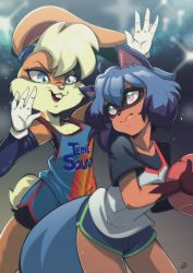 Rule 34 | 2girls, animal ears, ball, basketball, basketball (object), basketball uniform, blue eyes, blue hair, brand new animal, crossover, delux drawings, furry, furry female, highres, holding, holding ball, kagemori michiru, lola bunny, looney tunes, multiple girls, rabbit ears, rabbit girl, rabbit tail, raccoon ears, raccoon girl, raccoon tail, shirt, short shorts, shorts, space jam, space jam: a new legacy, sportswear, sweat, tail