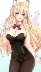 Rule 34 | 1girl, :d, animal ears, bare shoulders, black leotard, blonde hair, blue eyes, bow, bowtie, breasts, brown pantyhose, cleavage, covered navel, cowboy shot, detached collar, fox ears, fox girl, fox shadow puppet, fox tail, gradient background, groin, highres, large breasts, leotard, long hair, looking at viewer, nontraditional playboy bunny, open mouth, original, pantyhose, playboy bunny, smile, sogaya, solo, standing, tail, white background, wrist cuffs