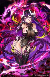 Rule 34 | 1girl, absurdres, age of ishtaria, apt, armor, black hair, breast tattoo, copyright notice, halterneck, hand on own thigh, highres, horns, leotard, long hair, luxuria (age of ishtaria), monster girl, no bra, no panties, purple eyes, purple hair, see-through, tail, tattoo, thighhighs, very long hair