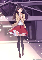 Rule 34 | 1girl, bag, black eyes, black hair, black thighhighs, blurry, boots, brown footwear, brown jacket, building, chunithm, cross-laced footwear, crying, crying with eyes open, depth of field, frilled shirt, frills, full body, hands up, highres, jacket, lace, lace-trimmed skirt, lace trim, light particles, long hair, long sleeves, looking at viewer, miniskirt, open clothes, open jacket, own hands together, parted lips, red skirt, shirt, shoulder bag, sidelocks, skirt, solo, takahashi sanae (chunithm), tareme, tears, thighhighs, u35, watermark, white shirt, zettai ryouiki