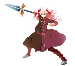 Rule 34 | 1girl, artist request, belt, blue eyes, boots, bow, choker, coat, dress, female focus, full body, hair ribbon, jewelry, long hair, pink hair, polearm, raquel applegate, ribbon, simple background, smile, solo, spear, twintails, weapon, white background, wild arms, wild arms 4