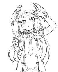 Rule 34 | 1girl, absurdres, arm up, blunt bangs, blush, breasts, buttons, collarbone, commentary, cutting hair, dress, fingerless gloves, gloves, greyscale, hair over shoulder, hair ribbon, headgear, highres, holding, holding scissors, kantai collection, long hair, looking at viewer, monochrome, murakumo (kancolle), murakumo kai ni (kancolle), necktie, parted lips, poyo (hellmayuge), raised eyebrow, ribbon, scissors, short eyebrows, sidelocks, simple background, sleeveless, sleeveless dress, solo, strapless, strapless dress, sweat, tress ribbon, undershirt, upper body, white background