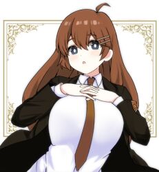 Rule 34 | 1girl, armband, black jacket, blue eyes, breasts, bright pupils, brown hair, collared shirt, hair ornament, hairclip, highres, hod (project moon), jacket, lancer (worudrleh1), large breasts, lobotomy corporation, long hair, long sleeves, open mouth, project moon, shirt, sidelocks, solo, upper body, very long hair, white pupils, white shirt