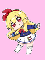 Rule 34 | 1girl, :&gt;, aikatsu! (series), blonde hair, blue jacket, blue socks, boots, closed mouth, commentary, full body, hair between eyes, hair ribbon, hairband, highres, hoshimiya ichigo, jacket, knee boots, kneehighs, long hair, long sleeves, looking at viewer, nozo (hitomiz), outstretched arms, pink background, pleated skirt, red eyes, red hairband, red ribbon, ribbon, simple background, skirt, smile, socks, solo, spread arms, standing, standing on one leg, symbol-only commentary, very long hair, white footwear, white skirt
