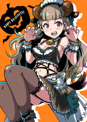Rule 34 | bat (animal), bell, black shirt, black skirt, black thighhighs, blunt bangs, breasts, brown hair, camisole, choker, claw pose, commentary request, eyebrows, fang, floating, frilled choker, frilled cuffs, frilled skirt, frills, garter straps, halloween, halloween costume, happy halloween, highres, horns, idolmaster, idolmaster cinderella girls, jack-o&#039;-lantern, kamiya nao, key, charm (object), knees up, long hair, looking at viewer, maid headdress, medium breasts, miniskirt, nail polish, navel, neck bell, open mouth, orange background, purple eyes, purple nails, satomura kyou, shirt, silhouette, skirt, smile, solo, tail, thighhighs, white choker