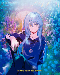 1other artist_name blue_hair blue_pants blue_shirt h_llep long_hair pants rimuru_tempest shirt sitting solo tensei_shitara_slime_datta_ken yellow_eyes