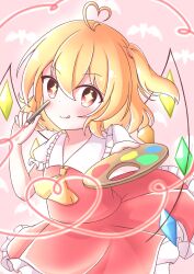 Rule 34 | + +, 1girl, :q, absurdres, ahoge, ako oekaki, ascot, blonde hair, blush, closed mouth, commentary request, cowboy shot, crystal wings, dot nose, flandre scarlet, frilled shirt collar, frilled skirt, frilled sleeves, frills, hair between eyes, hand up, heart, heart ahoge, highres, holding, holding paintbrush, holding palette, looking at viewer, medium hair, no headwear, one side up, paintbrush, palette (object), pink background, puffy short sleeves, puffy sleeves, red skirt, red vest, shirt, short sleeves, skirt, smile, solo, split mouth, standing, tongue, tongue out, touhou, vest, white shirt, yellow ascot