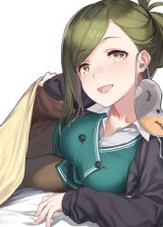 Rule 34 | 1girl, 92m, blanket, blush, breasts, brown eyes, cardigan, folded ponytail, green hair, green vest, highres, holding, holding blanket, idolmaster, idolmaster shiny colors, large breasts, long hair, looking at viewer, lying, mask, unworn mask, nanakusa hazuki, office lady, open cardigan, open clothes, open mouth, pantyhose, pencil skirt, skirt, sleeves past wrists, smile, solo, thighs, vest, white background