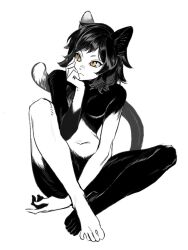Rule 34 | 1girl, animal ears, black hair, body fur, cat ears, cat girl, cat tail, dungeon meshi, greyscale, izutsumi, looking to the side, monochrome, nude, short hair, sitting, sumooo (ga ilil), tail, white background, yellow eyes
