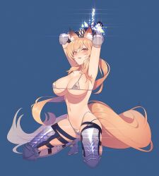 Rule 34 | animal ear fluff, animal ears, arknights, armor, armpits, arms up, bikini, bikini armor, blonde hair, bound, bound wrists, breasts, cleavage, full body, gauntlets, greaves, green eyes, highleg, highleg bikini, horse ears, horse girl, horse tail, kneeling, large breasts, long hair, nearl (arknights), nearl the radiant knight (arknights), own hands together, revealing clothes, simple background, swimsuit, tail, yan wan