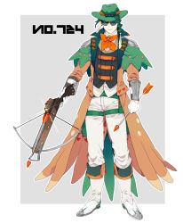 Rule 34 | 1boy, arrow (projectile), belt, boots, bow, bow (weapon), clenched hand, creatures (company), crossbow, decidueye, earrings, feather earrings, feathers, full body, game freak, gen 7 pokemon, glasses, gloves, green hat, grey background, hat, highres, holding, holding arrow, jewelry, looking at viewer, male focus, nintendo, orange bow, pants, personification, pokedex number, pokemon, scope, shioya (soooooolt), simple background, solo, vest, weapon, white footwear, white gloves, white pants