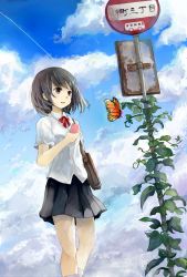 Rule 34 | 1girl, bad id, bad pixiv id, bag, black hair, black skirt, blouse, blue sky, bow, bug, bus stop, butterfly, cellphone, cloud, cloudy sky, contrail, cowboy shot, day, holding, holding phone, insect, ivy, kneehighs, looking away, original, outdoors, overgrown, parted lips, phone, plant, pleated skirt, red bow, road sign, school bag, school uniform, shimada sarasara, shirt, short hair, shoulder bag, sign, skirt, sky, socks, solo, vines, white shirt, white socks, wind