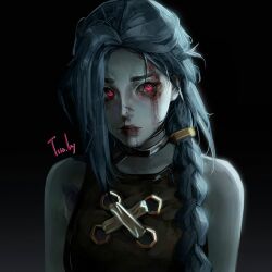 Rule 34 | 1girl, arcane: league of legends, arcane jinx, artist name, asymmetrical bangs, bare shoulders, black background, blood, blood on face, braid, brown shirt, closed mouth, green hair, grey background, hair ornament, highres, jinx (league of legends), league of legends, long hair, looking at viewer, nosebleed, shirt, solo, two.by