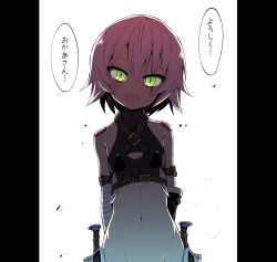 Rule 34 | 1girl, arm belt, arms behind back, bandaged arm, bandages, bare shoulders, breasts, cleavage cutout, clothing cutout, commentary request, crop top, dagger, facial scar, fate/apocrypha, fate/grand order, fate (series), glowing, glowing eyes, green eyes, head tilt, highres, jack the ripper (fate/apocrypha), knife, looking at viewer, midriff, miyao ryuu, navel, open mouth, partial commentary, pillarboxed, scar, scar across eye, scar on cheek, scar on face, short hair, shoulder tattoo, small breasts, solo, standing, tattoo, translated, upper body, weapon, white background, white hair