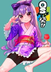 Rule 34 | 1girl, 3.1-tan, aqua background, barefoot, bike shorts, black shorts, bow, cameltoe, candy apple, closed mouth, collarbone, flat chest, flower, food, frilled kimono, frilled sleeves, frills, hair bow, hand up, highres, holding, japanese clothes, kimono, leaning back, light purple hair, long hair, looking at viewer, microsoft windows, obi, orange flower, os-tan, pink eyes, pink flower, purple bow, purple kimono, red flower, red sash, sash, short kimono, short yukata, shorts, sitting, smile, solo, tsukiyono aroe, very long hair, wide sleeves, yukata
