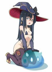 Rule 34 | 1girl, bikini, black hair, black thighhighs, blue eyes, detached sleeves, earrings, elquijotedraws, flat chest, genshin impact, hat, high heels, horns, jewelry, long hair, looking to the side, micro bikini, mona (genshin impact), navel, open mouth, signature, single earring, slime (substance), swimsuit, thighhighs, witch hat
