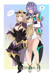 Rule 34 | 2girls, armor, armored boots, black armor, black footwear, blonde hair, boots, breasts, brushing another&#039;s hair, brushing hair, camilla (fire emblem), cleavage, closed eyes, cosplay, costume switch, crossover, dress, eyes visible through hair, female focus, fire emblem, fire emblem fates, gloves, hair over one eye, headpiece, heart, high heel boots, high heels, highres, jewelry, large breasts, long hair, matching hair/eyes, mitsuchiis, multiple girls, mythra (xenoblade), nintendo, open mouth, purple gloves, purple hair, smile, spoken heart, swept bangs, thigh boots, thigh strap, thighhighs, thighs, tiara, twitter username, vambraces, very long hair, watermark, wavy hair, white dress, xenoblade chronicles (series), xenoblade chronicles 2, yellow eyes