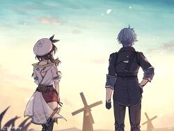 1boy 1girl atelier_(series) atelier_ryza beret black_jacket blue_hair bos_brunnen brown_hair commentary_request dusk facing_away from_behind hari_(gorse6my) hat jacket long_sleeves outdoors pants red_shorts reisalin_stout shirt short_hair short_shorts shorts standing white_hat white_shirt windmill