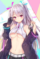 Rule 34 | 1girl, absurdres, bangle, bare shoulders, belt, black gloves, black jacket, black skirt, blush, bracelet, breasts, character name, cleavage, collared shirt, crop top, crop top overhang, gloves, hair ribbon, hands up, highres, holding, indie virtual youtuber, jacket, jewelry, long hair, long sleeves, looking at viewer, medium breasts, midriff, navel, no bra, off shoulder, open clothes, open jacket, otomata ruka, pink eyes, pleated skirt, ribbon, sashima, shirt, silver hair, single glove, skirt, sleeveless, sleeveless shirt, smile, solo, stomach, suspenders, two side up, upper body, virtual youtuber, white shirt