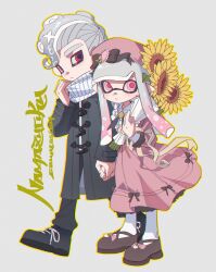 Rule 34 | 1boy, 1girl, absurdres, artist name, black coat, black footwear, black pants, bouquet, brown footwear, closed mouth, coat, commentary, commission, couple, dress, flower, full body, grey background, grey hair, highres, holding, holding bouquet, holding hands, inkling, inkling girl, inkling player character, long hair, mohawk, namazuoku, nintendo, octoling, octoling boy, octoling player character, pants, pink dress, pink eyes, pink hair, pink headwear, pointy ears, red eyes, scarf, shoes, short hair, simple background, splatoon (series), standing, sunflower, symbol-only commentary, tentacle hair, thick eyebrows, walking, white scarf
