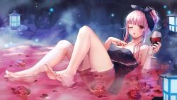 Rule 34 | 1girl, alcohol, barefoot, breasts, cleavage, cup, drinking glass, feet, flower, highres, hololive, hololive english, long hair, looking at viewer, mori calliope, one eye closed, onsen, open mouth, pink hair, red eyes, rose, soles, toes, towel, virtual youtuber, wine, wine glass