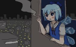 Rule 34 | artist request, blue dress, blue eyes, blue hair, blush, bow, cirno, cityscape, dress, fairy, hair bow, ice, smoke, smoking, source request, touhou
