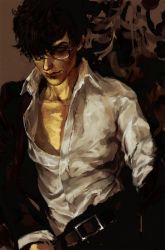 Rule 34 | 1boy, as (ashes), belt, blue eyes, brown hair, closed mouth, collarbone, formal, glasses, hair over one eye, half-closed eyes, jacket, male focus, open clothes, open jacket, original, solo, unbuttoned, upper body