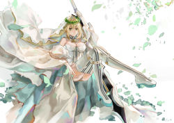 Rule 34 | 1girl, absurdres, aestus estus, ahoge, ass, bare shoulders, belt, blonde hair, boots, breasts, bridal veil, chain, cleavage, crossed legs, detached sleeves, elbow gloves, fang qiao, fate/extra, fate/extra ccc, fate (series), full-length zipper, gloves, green eyes, hair between eyes, hair intakes, head wreath, high heel boots, high heels, highres, large breasts, legs, leotard, lock, long hair, looking at viewer, nero claudius (bride) (fate), nero claudius (bride) (third ascension) (fate), nero claudius (fate), nero claudius (fate) (all), padlock, petals, puffy detached sleeves, puffy sleeves, simple background, smile, solo, sword, thigh boots, thighhighs, veil, weapon, white background, white footwear, white gloves, white leotard, wide sleeves, zipper, zipper pull tab