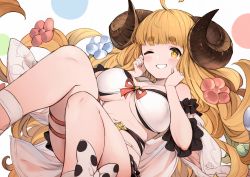 Rule 34 | 1girl, ahoge, anila (granblue fantasy), anila (summer) (granblue fantasy), bikini, blonde hair, blunt bangs, blush, bow, breasts, cleavage, detached sleeves, draph, flower, granblue fantasy, grin, hair flower, hair ornament, highres, horns, iwao (pixiv258710), large breasts, long hair, looking at viewer, navel, one eye closed, polka dot, polka dot bow, ribbon-trimmed bikini, ribbon-trimmed sleeves, ribbon trim, sheep horns, short eyebrows, simple background, skindentation, smile, solo, swimsuit, thick eyebrows, thigh strap, very long hair, white background, white bikini, yellow eyes