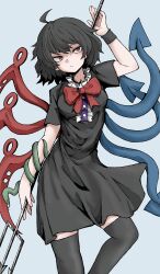 Rule 34 | 1girl, absurdres, asymmetrical wings, bandaged arm, bandages, black dress, black hair, black shirt, black thighhighs, blue wings, bow, bowtie, center frills, closed mouth, commentary, dress, fe (tetsu), frills, grey background, highres, holding, houjuu nue, looking at viewer, polearm, red bow, red bowtie, red eyes, red wings, shirt, short hair, short sleeves, simple background, solo, thighhighs, touhou, trident, weapon, wings