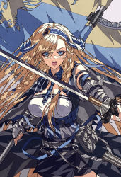 Rule 34 | 1girl, absurdres, arknights, banner, bare shoulders, belt, belt pouch, black gloves, black skirt, blonde hair, blue eyes, blue hairband, blue necktie, braid, breasts, cowboy shot, dragon horns, dual wielding, elbow gloves, fingerless gloves, gloves, hair between eyes, hairband, highres, holding, holding sword, holding weapon, horns, large breasts, long hair, looking at viewer, necktie, open mouth, outstretched arm, pointy ears, pouch, saileach (arknights), shokikanes, skirt, solo, sword, twin braids, underbust, very long hair, weapon