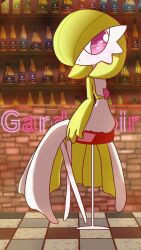Rule 34 | 1girl, backlighting, bar (place), bob cut, bottle, character name, closed mouth, colored skin, creatures (company), dot mouth, english text, female focus, from behind, full body, game freak, gardevoir, gen 3 pokemon, green hair, green skin, hair over one eye, heart, highres, indoors, looking at viewer, looking back, multicolored skin, neon lights, nintendo, on stool, one eye covered, pokemon, pokemon (creature), red eyes, short hair, sitting, solo, tile floor, tiles, two-tone skin, white skin, yuri (fl0werspace)