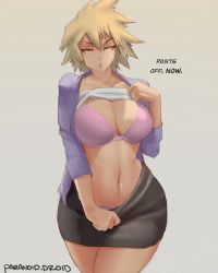 Rule 34 | 1girl, artist name, bakugou mitsuki, black skirt, blonde hair, boku no hero academia, bra, breasts, business suit, cleavage, clothes lift, collarbone, english text, female focus, formal, grey background, highres, large breasts, looking at viewer, mature female, miniskirt, navel, paranoid.droid, pencil skirt, pink bra, red eyes, shirt lift, short hair, skirt, solo, stomach, suit, thick thighs, thighs, tight skirt, underwear
