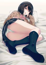 Rule 34 | 1girl, 40hara, arm rest, ass, black hair, black skirt, black socks, blue eyes, bow, bowtie, brown shirt, collared shirt, commentary request, feet, frown, glaring, highres, kneehighs, long sleeves, looking at viewer, lying, miniskirt, no shoes, on bed, on side, open mouth, original, panties, pillow, pink bow, pink bowtie, plaid, plaid skirt, pleated skirt, school uniform, shaded face, shirt, short hair, skirt, socks, soles, solo, striped bow, striped bowtie, striped clothes, striped neckwear, teeth, underwear, upper teeth only, white panties, white shirt