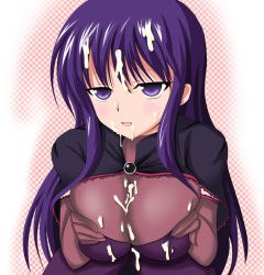Rule 34 | 1girl, breasts squeezed together, breasts, cum, cum on body, cum on breasts, cum on clothes, cum on hair, cum on upper body, facial, haruto, large breasts, long hair, malariya, purple eyes, purple hair, quiz magic academy, solo, source request, tsukudani shirou