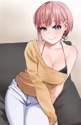 Rule 34 | 1girl, asymmetrical sleeves, black bra, blue eyes, bra, breasts, cleavage, closed mouth, commentary request, couch, denim, earrings, go-toubun no hanayome, highres, igarashi kyouhei, jeans, jewelry, large breasts, looking at viewer, nakano ichika, on couch, pants, pink hair, short hair, single-shoulder sweater, single sleeve, sitting, smile, solo, sweater, underwear, uneven sleeves, white pants, yellow sweater