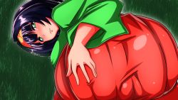 Rule 34 | 1girl, ass, bent over, black hair, blush, breasts, cameltoe, creatures (company), erika (pokemon), game freak, green eyes, gym leader, hairband, hand on own ass, japanese clothes, kimono, large breasts, looking at viewer, looking back, nintendo, pokemon, pokemon lgpe, shimazu kaname, short hair, solo