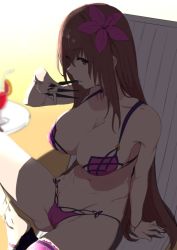 Rule 34 | 1girl, bare shoulders, bikini, breasts, brown hair, cameltoe, clearite, cleavage, fate/grand order, fate (series), flower, hair flower, hair ornament, kunai, leg up, long hair, looking at viewer, medium breasts, parted lips, purple bikini, red eyes, scathach (fate), scathach (fate), scathach (swimsuit assassin) (fate), shadow, smile, solo, swimsuit, thighs, weapon