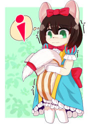Rule 34 | 1girl, animal ears, animal nose, between legs, bloomers, blue dress, blush, bob cut, border, bow, bowtie, brown hair, child, closed mouth, cropped legs, dress, duel monster, embarrassed, fairy tail snow, female focus, flat chest, frilled sleeves, frills, furry, furry female, gloves, green background, green eyes, hair bow, hands up, have to pee, hitsuji kaichou, hugging own tail, hugging tail, kneehighs, nose blush, outside border, puffy short sleeves, puffy sleeves, red bow, red bowtie, red ribbon, ribbon, ribbon-trimmed bloomers, ribbon trim, short hair, short sleeves, sidelocks, socks, solo, split mouth, squirrel ears, squirrel girl, squirrel tail, standing, tail, tail between legs, tail ornament, tail ribbon, thought bubble, traditional bowtie, trembling, underwear, wavy mouth, white bloomers, white border, white gloves, white socks, wide-eyed, yu-gi-oh!